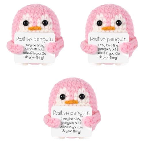 ZIBUYU® Handmade Crochet Penguin Desk Decor with Positive Message Card Cute Motivational Toys Gift for Office Home Baby Nursery Pink 3 PCS