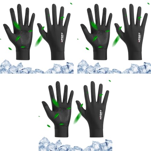 Proberos® Sun Protection Gloves UPF 50 Plus Summer Ice Silk UV Upgrade Anti-slip Palm Touch Screen Finger Tips Design Unisex Black for Driving Golfing Riding 3 PCS