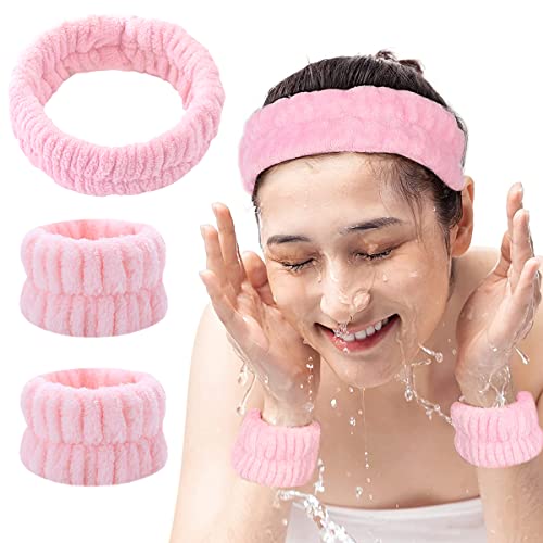 MAYCREATE® 3Pcs Face Washing Headband Wristband Combo Kit, Microfiber Absorbent Hairband Wrist Wash Band Towel for Women Girls for Skincare Makeup Yoga Sport (Pink)