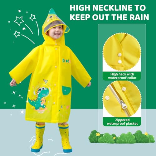 PATPAT® Dinosaur Kids Rain Coat EVA Hooded Jacket with Transparent Wide Brim Cartoon for Boys Girls 3-4 Years Old S 2 PCS with Storage Pouch Knee-Length Yellow