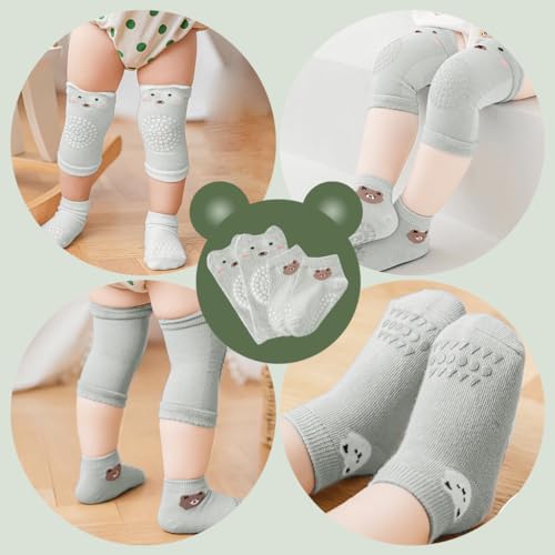 SNOWIE SOFT Baby Socks & Baby Crawling Knee Pads Summer Breathable Cotton Socks Anti-slip Design Knee Protector Cartoon Toddlers Socks Baby Knee Sleeves Shower Gift for Baby 0-12 Month