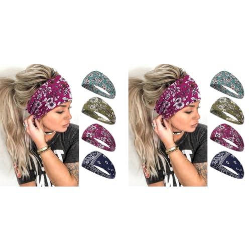Optifit® Wide Headbands for Women Boho Bandeau Bands Workout Wraps Stretch No Slip Hair Pack of 4 Gorgeous 2PCS