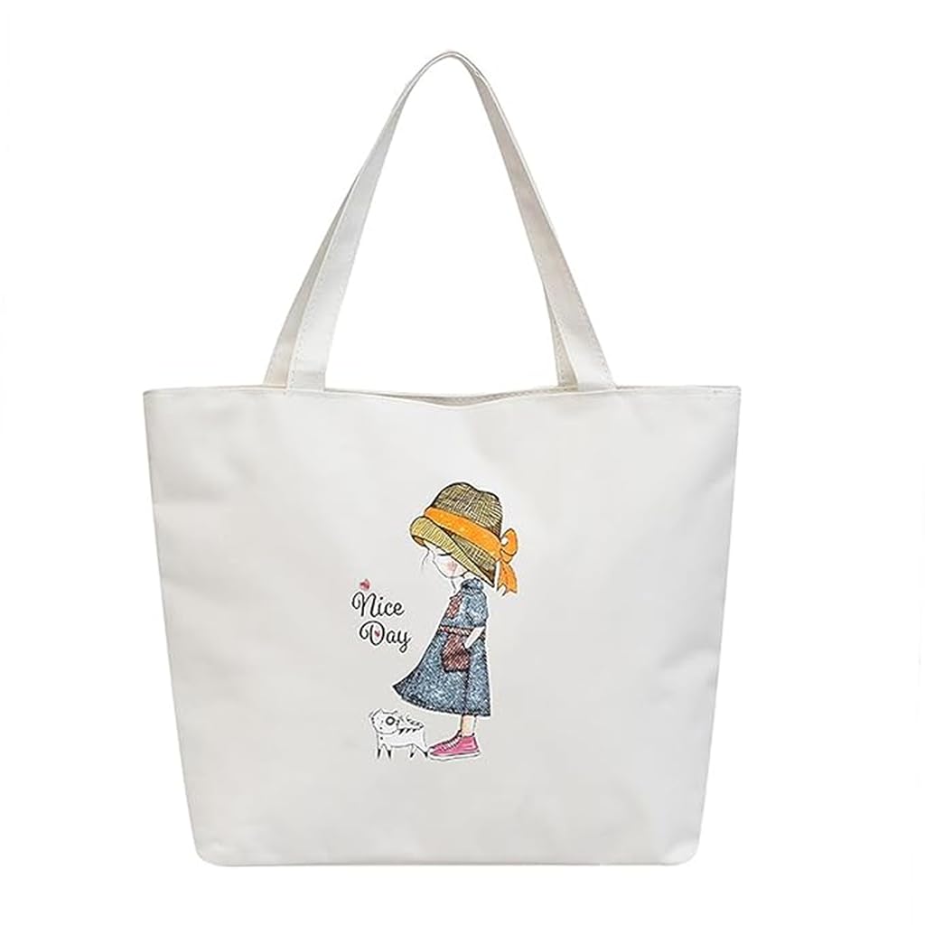 Zibuyu Cotton Canvas Tote Bag for Shopping and College with Graphic Print | Foldable & Washable White Bag for Women
