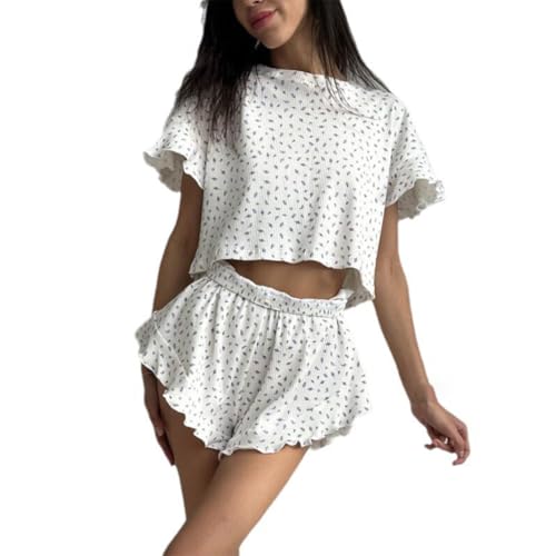 SANNIDHI® Women’s 2 Piece Lounge Set – Ruffle Sleeve Crop Top & Shorts Pajama Set – Floral Ribbed Knit Sleepwear, Summer Cute Matching Outfits White