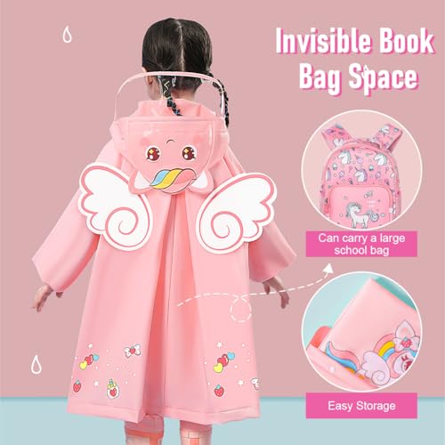 SNOWIE SOFT® Hooded Raincoat for Kids Wide Brim EVA Knee Length with Storage Bag Cartoon Unicorn Print 3-4 Years Old S Recommended Height 85-105cm 3 PCS