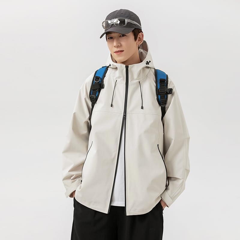 Venzina® Outdoor Hiking Jacket for Men Windproof, Splashproof Hoodie with Pockets, Dual-Way Waterproof Zipper, Loose Fit Long Sleeve Fashion Outdoor Couple Jacket for Hiking, Daily-Black-L