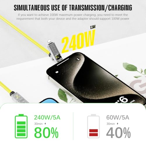 Verilux® 4 in 1 Type C Cable 240W Fast Charging 27W USB to Lightning 5Ft Braided Zinc Alloy with E Marker Breathing Light USB C Port for iPhone 16 15 Yellow 3PCS