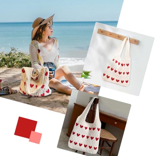 ZIBUYU® Crochet Heart Tote Bag for Women and Girls Y2K Aesthetic Knit with Plush Charm Soft Spacious Hippie Beach Cream Red Hearts Ideal Work School Casual 3PCS