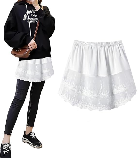 SANNIDHI® Lace Shirt Extender for Women Layering, Y2K Skirt Overlay for Leggings, Fashion White Lace Edge Skirt for Layered, Versatile Underskirts Layering Clothing Accessories for Jeans, Trousers