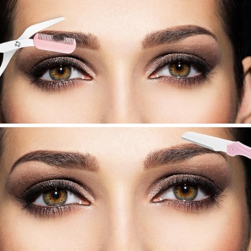 MAYCREATE 3Pcs Eye Brow Scissor Eyebrow Removal Tweezer Eyebrow Trimmer Razor Facial Hair Shaper Eyebrow Trimming Make Up Tool with PU Leather Case Shave and Hair Removal, Pink