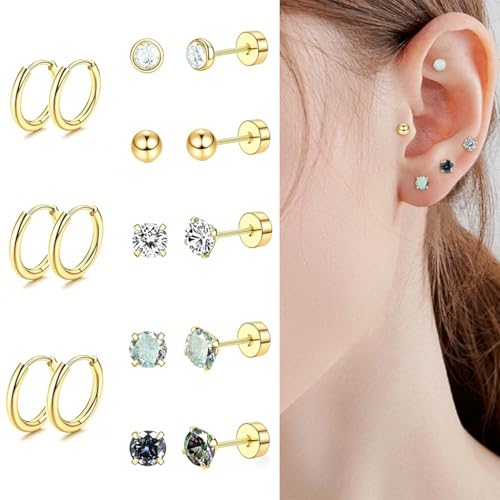 SANNIDHI® Hypoallergenic Flat Back Earrings for Women Surgical Steel Earring for Sensitive Ears 20G Stainless Steel Earrings Stacks Small Flatback Stud Hoop Cartilage Earring