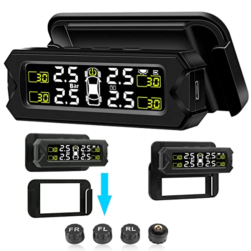 STHIRA® TPMS Tyre Pressure Monitoring System with Alarm LCD Display Detachable Bracket 14-87Psi Wireless Data Transmission Adjustable Installation Angle with 4 External Sensors, Solar/USB Charging