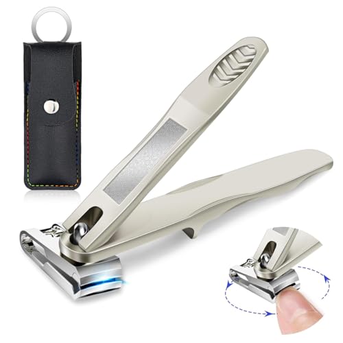 MAYCREATE Nail Clipper with Nail File Long Handle Stainless Steel Nail Cutter 360° Rotatable Nail Clipper Head Thick Nail Nail Clipper Travel Nail Clipper with PU Sleeve