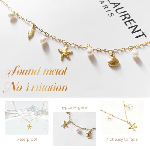 SANNIDHI® Necklace for Women Gold Seashell Starfish Pendant Pearl Summer Beach Jewelry Accessory 2PCS