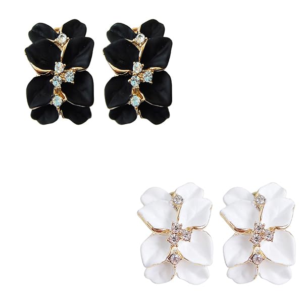 ZIBUYU Floral Rhinestone Earrings Set for Women with 0.7 in Studs & Hypoallergenic Alloy | Black and White Jewelry