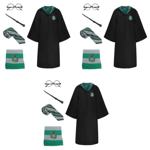 PATPAT® Nylon Harry Potter Costume Cloak Cosplay Robe for Women Men House of Slytherin Set with Tie Wand Round Glasses Magic Wizards Halloween Teens Adults M 3PCS