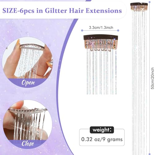 MAYCREATE® 6pcs Hair Tinsel Hair Extensions for Women Girls Glitter Clip-in Fairy Hair Tinsels Sparkling Tinsel for Party Festival Cosplay - 20inch, Silver