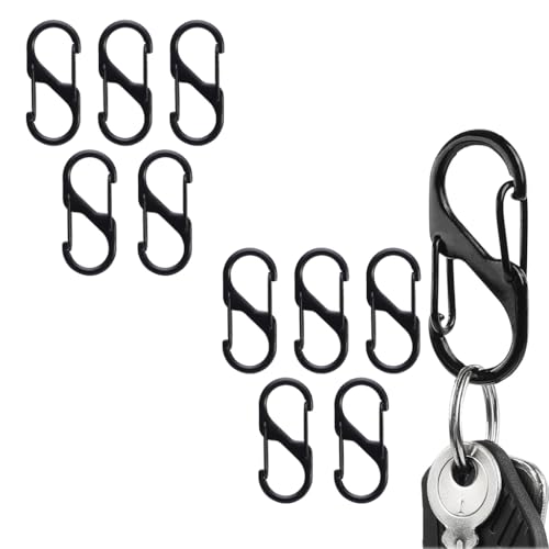 Proberos® BrandName Dual Hook S Carabiner Clips, Quick Release, Heavy-Duty Zinc Alloy, Multipurpose Backpack & Camping Hooks, Durable Mini Organizers for Travel, Hiking, Home, Black (Pack of 10)
