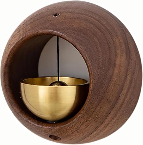 HASTHIP® Door Bell with Adhesive Backing, Beech Wooden Brass Round Bell, Decorative Doorbell for Home, Unique Office Ornament and Hanging Decoration for Business Entrance and Fridge Sticker (Brown)