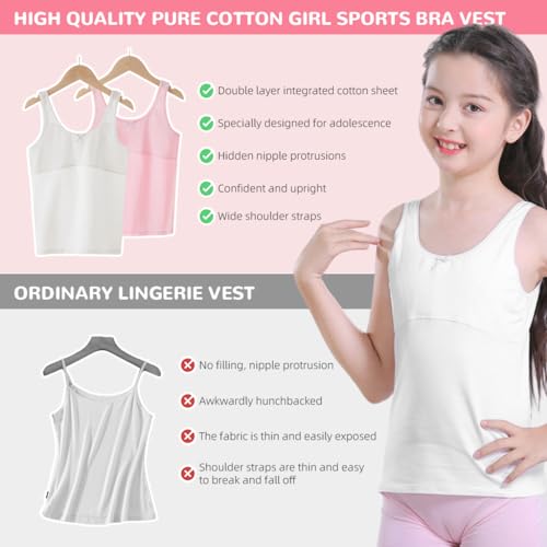 SNOWIE SOFT 2Pcs Sports Bra For Girls, Cotton Teenager Bra For Girls Elasticity Girls Bra Soft Comfortable Teenager Bra Sport Ringless Bra For Girls Triple Lining Training Bras For All Day Wear
