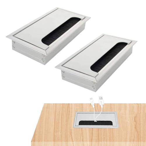 HASTHIP® 2pcs Rectangular Wire Cable Hole Cover with Dust-Proof Brush, Aluminum Metal Cable Organizer, Wire Manager for Table, Desk Hole Cap for Office and Computer Desks (160mm*80mm, Silver)