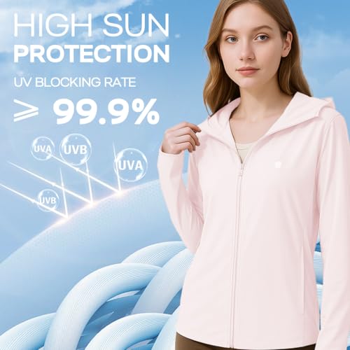 Venzina® Women's UPF 50+ Lightweight Athletic Jacket Long Sleeve Sunscreen Protective Clothing UV Sun Protection Full Zip Cooling Hoodie for Women for Outdoor Hiking, Pink-2, XL