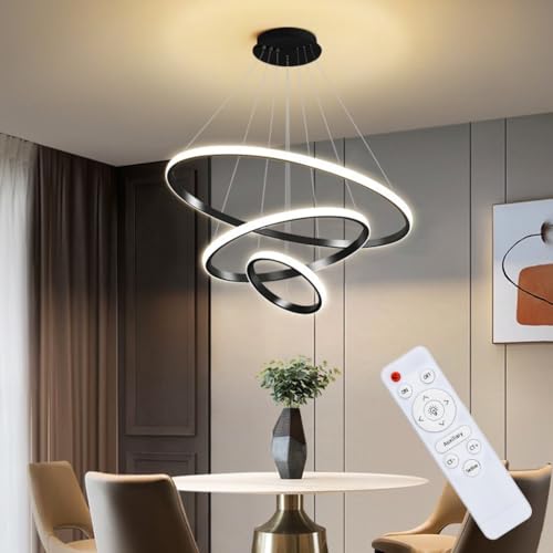 HASTHIP LED Pendant Light, 3 Rings Ceiling Light, with Dimmable and Adjustable Color Chandelier Lamp, with Remote Ceiling Lights for Living Room for Dining Room Bedroom Hallway (Black)