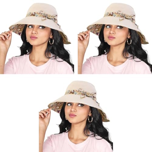 PALAY® Women Cotton Sun Hat Both Sides Wear UPF 50 Garden Beach Foldable Wide Brim Caps Beige 22.8 Inches 3PCS