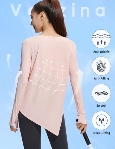 Venzina® Women's Long Sleeve Workout Top with Thumbholes, Asymmetrical Hem, Quick Dry Athletic Shirt, Lightweight Loose Fit Yoga Running Tee, Light Pink-S