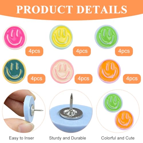 OFIFO® 24 Smiley Face Decorative Pushpins, Multi-Color Resin Board Pins, Suitable for Office, School, Home Bulletin Boards, with Storage Box, Durable and Reliable, 6 Colors Optional