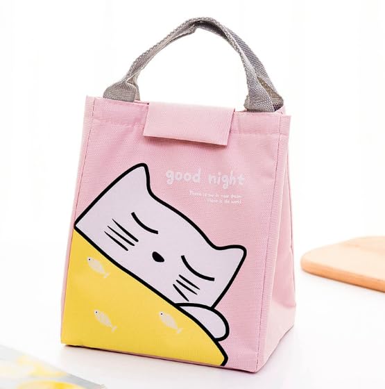 ZIBUYU Insulated Lunch Bag for School and Office with 24x20x16 in Capacity | Waterproof Pink Kitten Canvas Tote