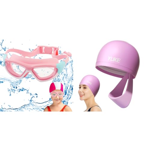Proberos® Kids Swimming Goggles with Ear Plugs & UV Protection, Anti-Fog, Leakproof, Adjustable Strap, Vibrant Pink + Waterproof Elastic Swim Cap for Boys & Girls Aged 3-16 Combo Set