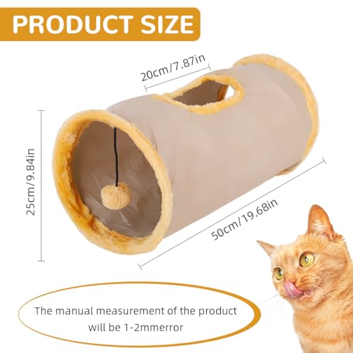 Qpets® Cat Hiding Cave Plush Play Tunnel with Top Open & Fluffy Ball Teaser Toy, 25cm Dia, 70cm Long, Collapsible Pet Play House, Reusable & Washable