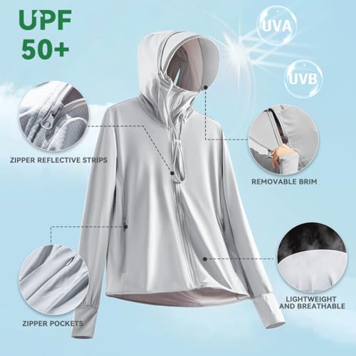 Venzina® Women's UPF 50+ Sun Protection Jacket Lightweight Sunscreen Hoodie for Hiking Outdoor Long Sleeves Sun Shirt Cooling UV Clothing with Pockets, Light Gray, L