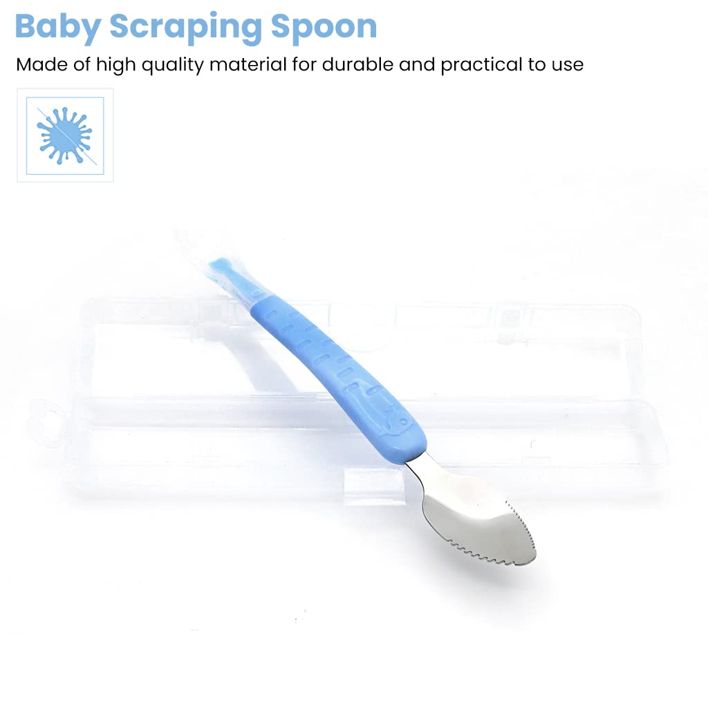 SNOWIE SOFT Fruit Spoon for Baby Feeding with Dual Serrated Scraper and 20cm Case | Stainless Steel and Silicone Design