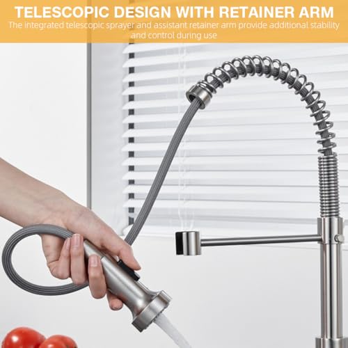 HASTHIP® Kitchen High Arc Faucet, Telescopic Stainless Steel Faucet for Kitchen Double Sink, 360 ° Flexible Spout with Assistant Retainer Arm, Stream & Shower Mode, with Installation Kit