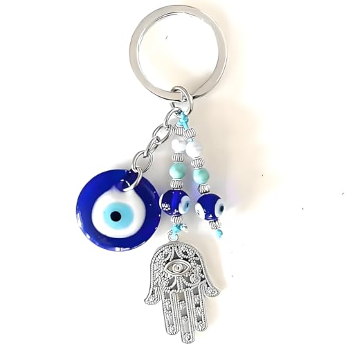 SANNIDHI® Bag Charms Evil Eyes Keychains Blue Beads Palm Pendant Keyring Silver Metal Acrylic Bag Charm for Handbags Good Luck Gift Key Chain for Girls Women
