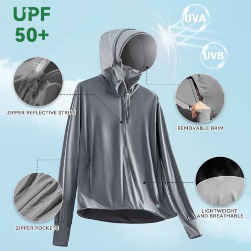 Venzina® UPF 50+ Sun Jacket for Men Lightweight UV Sun Protection Hoodie with Chin Strap, Quick Dry Sunscreen Clothing Long Sleeve Sun Shirts for Hiking Fishing, Grey, L