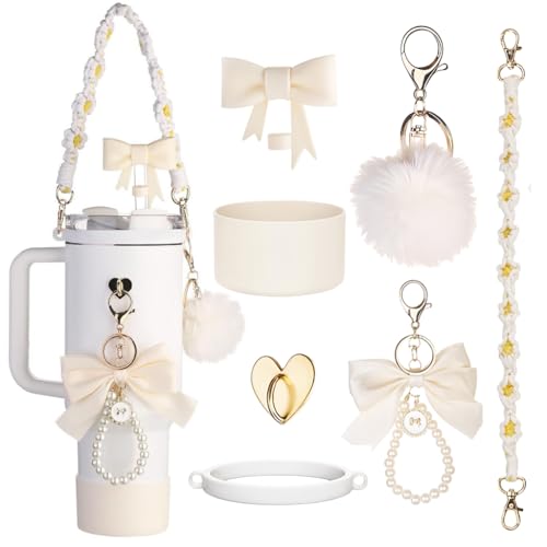 HASTHIP® Stanley Cup Accessories, Stanley Bottle Fashion Accessories & Straw Cover Charm Kit Set of 8Pcs for 40oz/30oz, Decorative Charm, Silicone Bottom Boot, White