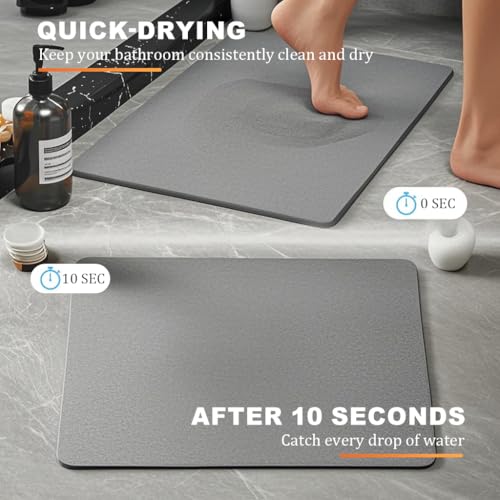 HASTHIP® Bath Mat Quick Dry Absorbent Floor Anti-Slip Diatomaceous Earth Shower Bathtub with Clear Double Sided Anti-Skid 15.75x11.8 inches Grey 2 PCS