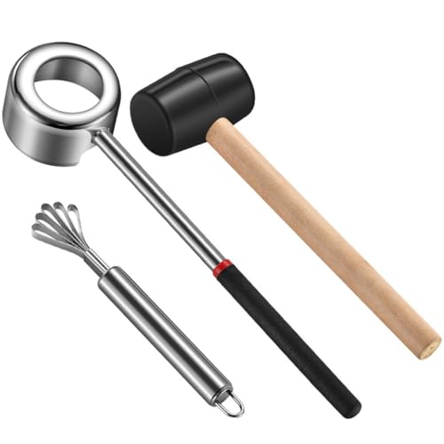 HASTHIP® Set of 3Pcs Coconut Opening Set,Coconut Opening Tools,Opener Stainless Steel Looped-Claw Meat Scraper Punch Hammer with Wooden Handle