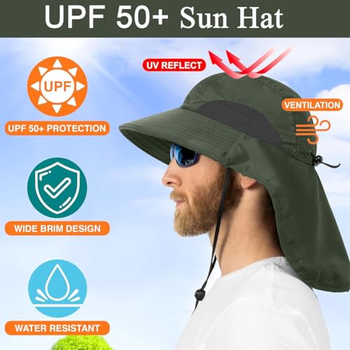 GUSTAVE® Unisex Wide Brim Bucket Sun Hat with Neck Flap & Adjustable Chin Strap, UV Protection, Water Repellent, Breathable Quick Dry Mesh, Foldable Packable Outdoor Cap for Hiking, Fishing Green