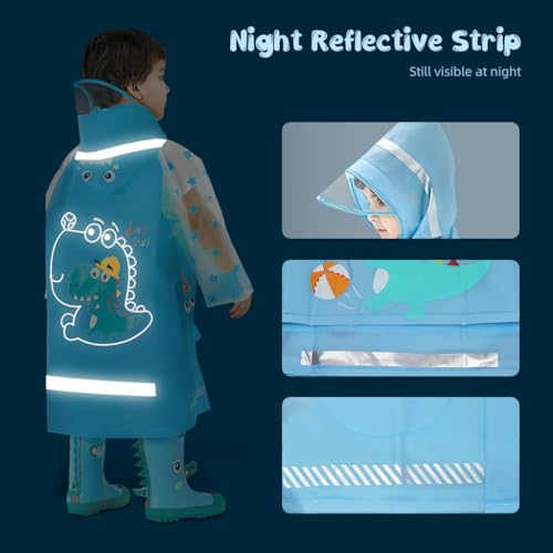 SNOWIE SOFT® Hooded Raincoat for Kids Wide Brim Raincoat for Kids 5-7 Years EVA Student Kids Rain Coat for Girls with School Bag Rain Cover Unicorn Dinosaur Print Recommended Height 115-130cm 3 PCS