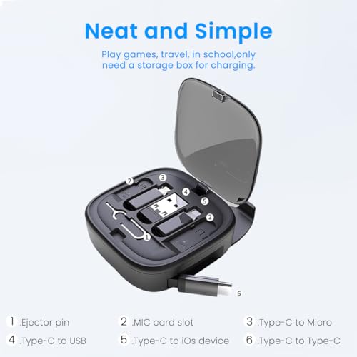 Verilux® 6 in 1 Fast Charging Cable with Storage Case All in One Mobile Accessories Card Slot SIM Ejection Tool 3.3Ft Retractable Type C Multi for iPhone USB A Devices 2 PCS