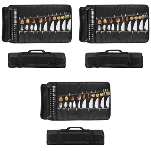 ZIBUYU® Fabric Kitchen Cutlery Organizer Bag with 22 Slots Professional Chef Knife Roll Anti Scratch Oxford Cloth Portable Traveling Accessories Black 3PCS