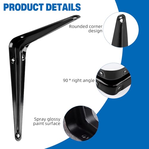 HASTHIP® 12 Inch Shelf Brackets Set of 8 , Floating Shelf Bracket for Wood, Black Metal L Bracket for Shelves Support, Wall Mount Corner Brace-Black