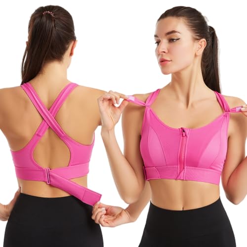 PALAY Sports Bra Women Zip-up Sports Bra for High-impact Activities One Piece Breast Pads Adjustable Sports Bra Fashion Racerback  Sports Bra for Running, Cycling, Aerobics, Boxing, XXL, Pink