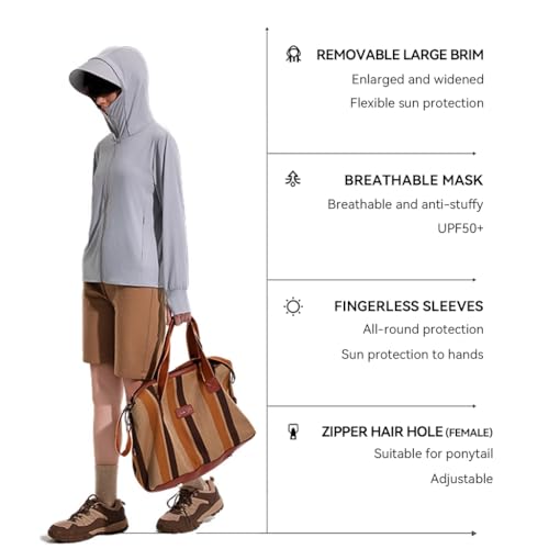 Venzina® Women's UPF 50+ Sun Protection Jacket Lightweight Sunscreen Hoodie for Hiking Outdoor Long Sleeves Sun Shirt Cooling UV Clothing with Pockets, Light Gray, 2XL