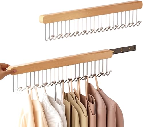 HASTHIP® 1 Pc Wooden Hanger for Clothes Hanging 12 Hook Adjustable Multi Sliding Wall Mounted Rack Bra Belt Scarf Tie Hat No-Drill Right-Pull Style 41X8CM 2PCS