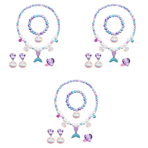 SANNIDHI® Mermaid Necklace Bracelet Kids Jewellery for Girls Set of 5 Pearl Beads Seashell Earrings Ring Kit Party Costume Jewelry Toddler Birthday Christmas Gift 3 PCS